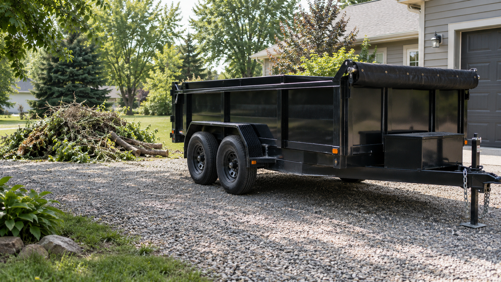 Black tandem-axle dump trailer ready for a yard cleanup